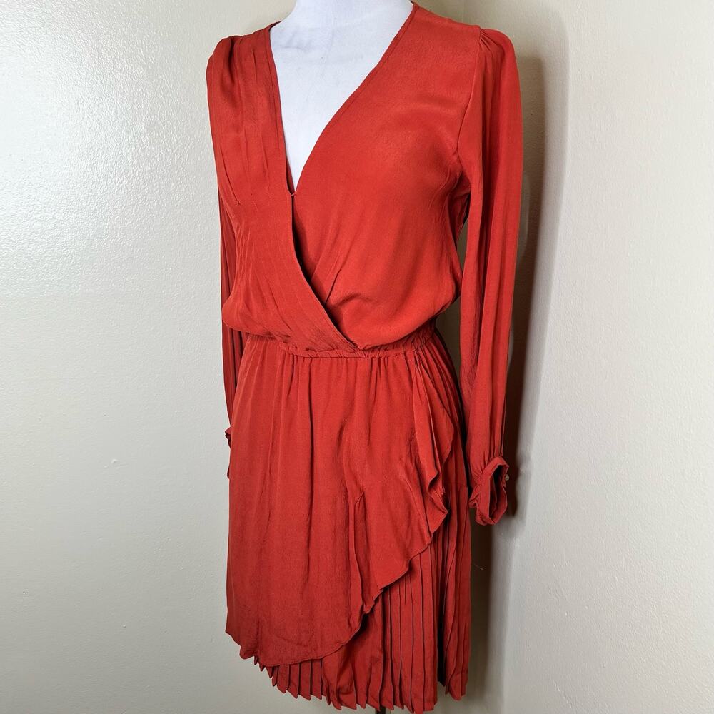 Sanctuary Dress XS Orange Surplice Faux Wrap Pleated Blouson V-Neck Mini Chic